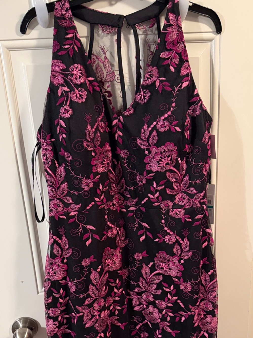 Black Midi Dress with Pink Floral Embroidery Detail